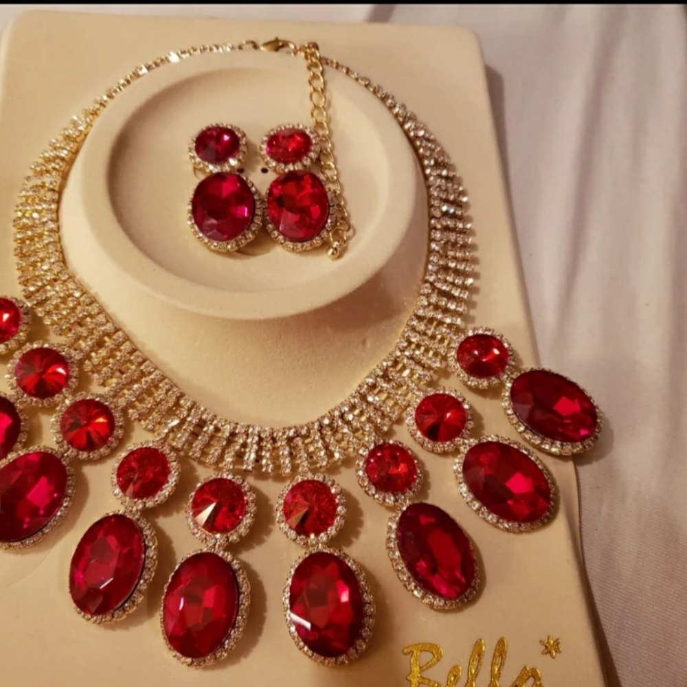 Red Ruby Rhinestone Necklace Set